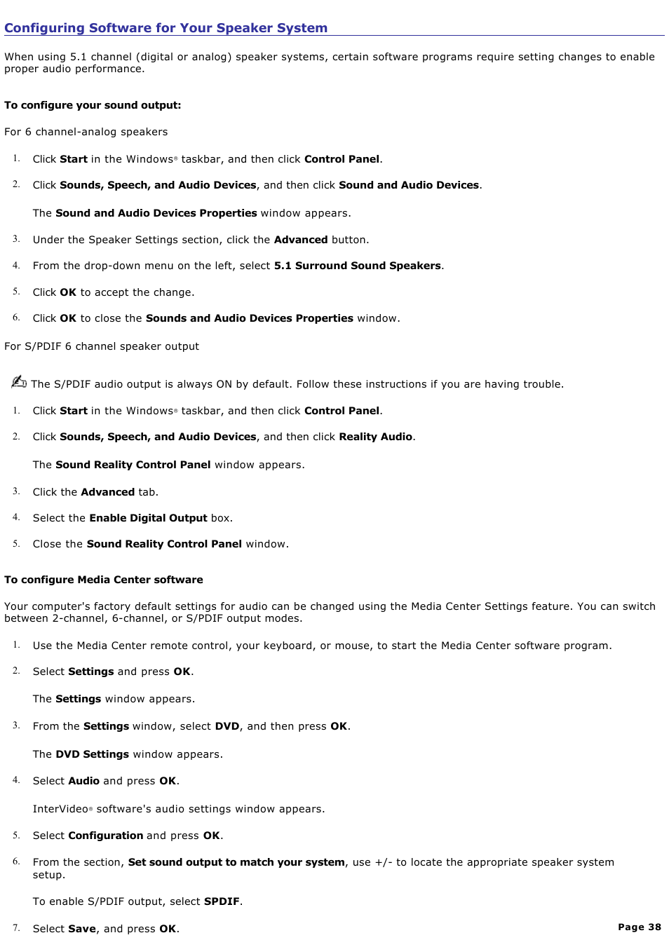 Configuring software for your speaker system | Sony VGC-RB64GY User Manual | Page 38 / 131