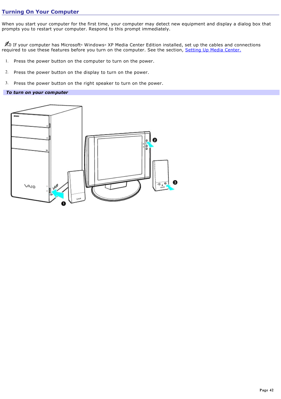 Turning on your computer | Sony VGC-RB64GY User Manual | Page 42 / 131