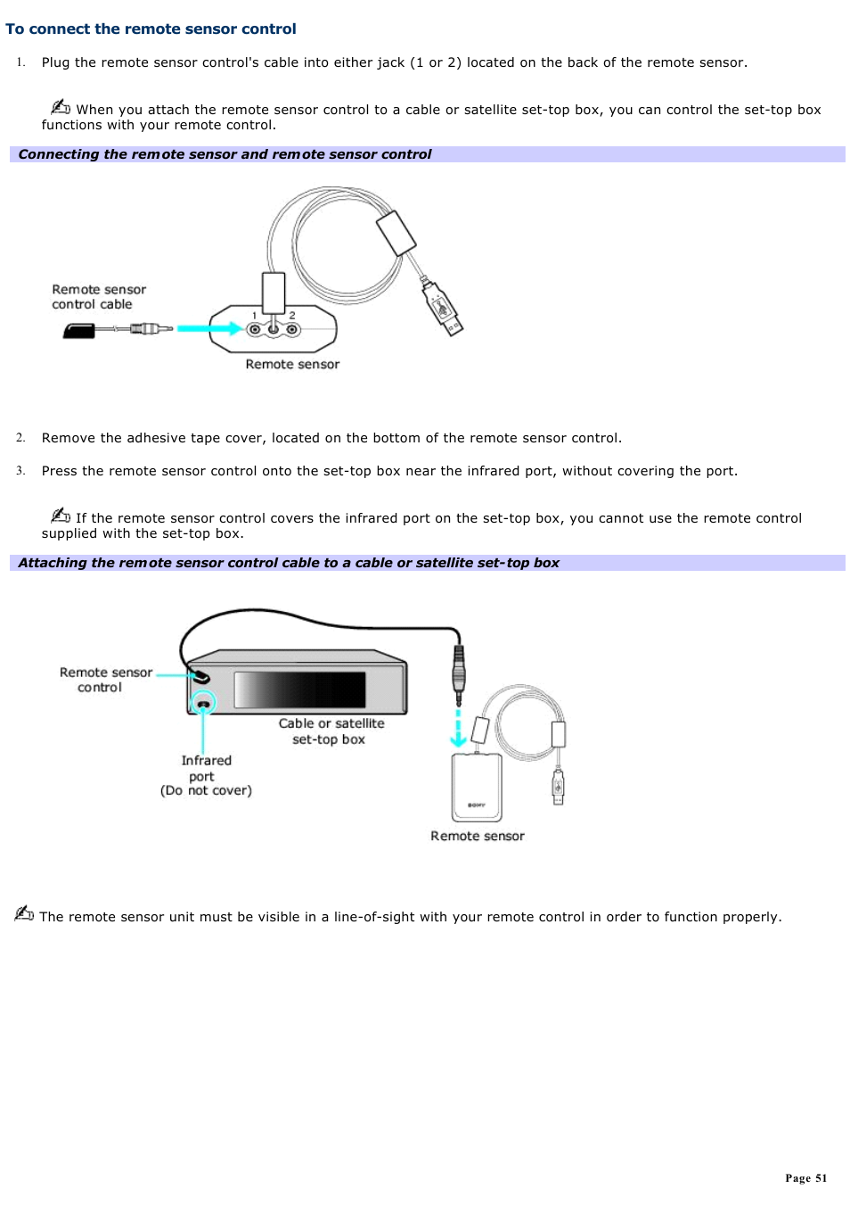 To connect the remote sensor control | Sony VGC-RB64GY User Manual | Page 51 / 131