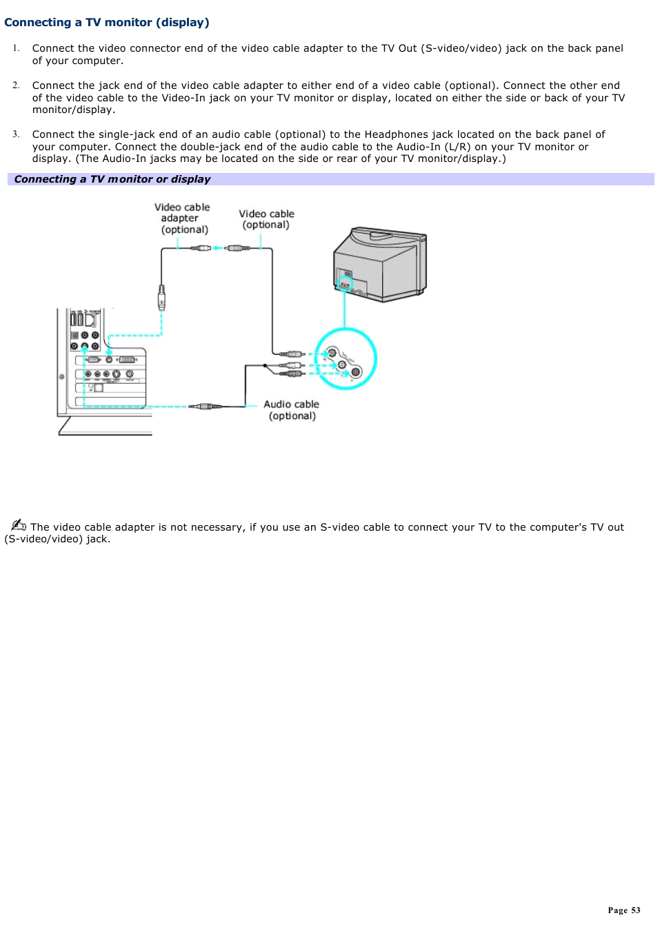 Connecting a tv monitor (display) | Sony VGC-RB64GY User Manual | Page 53 / 131