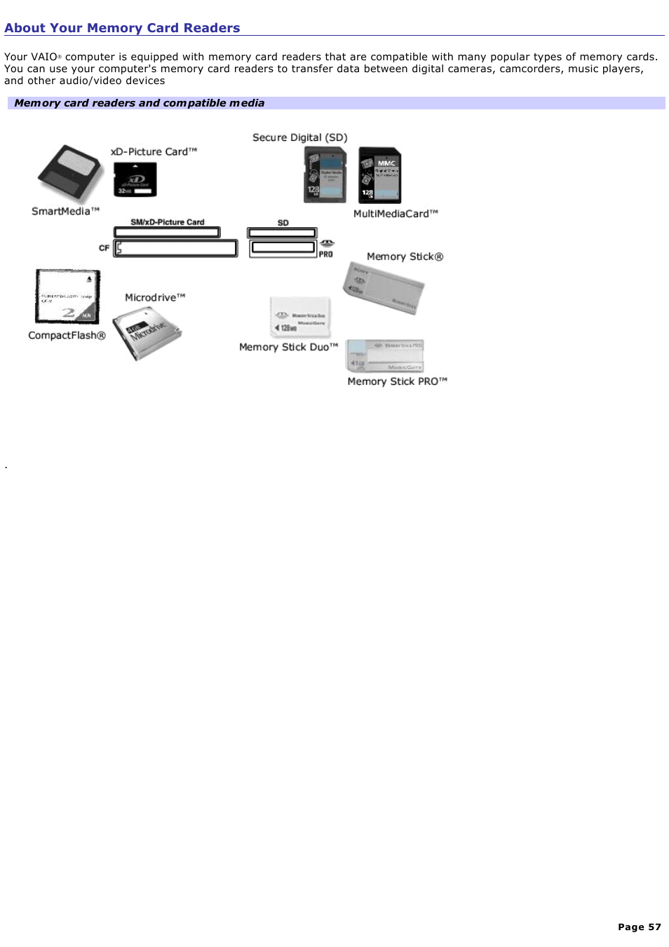 About your memory card readers | Sony VGC-RB64GY User Manual | Page 57 / 131