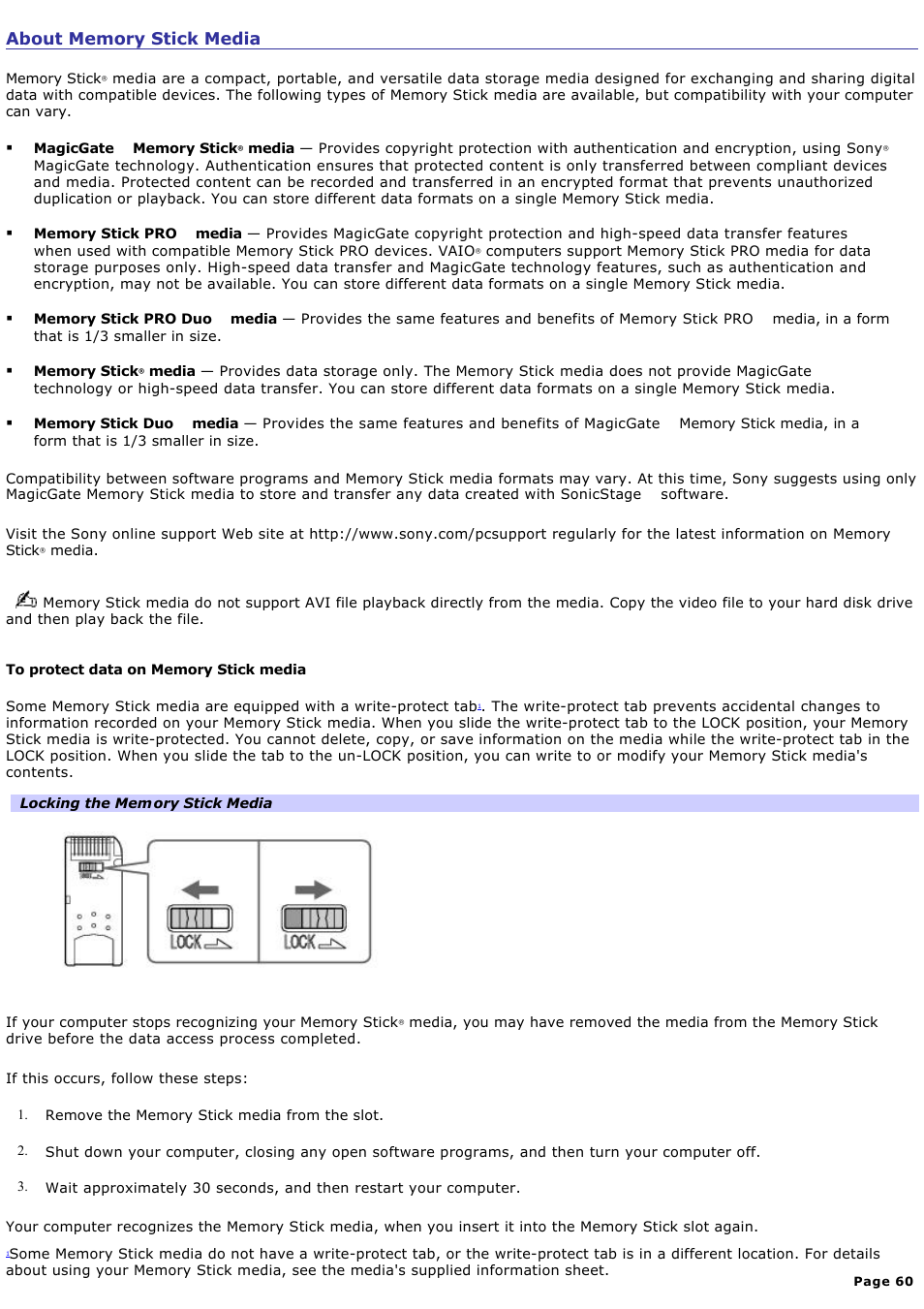 About memory stick media | Sony VGC-RB64GY User Manual | Page 60 / 131