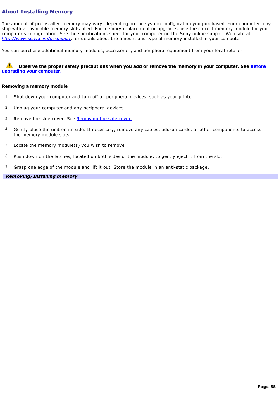 About installing memory | Sony VGC-RB64GY User Manual | Page 68 / 131