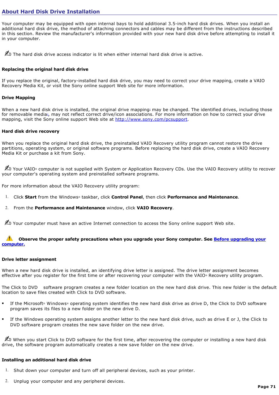 About hard disk drive installation | Sony VGC-RB64GY User Manual | Page 71 / 131