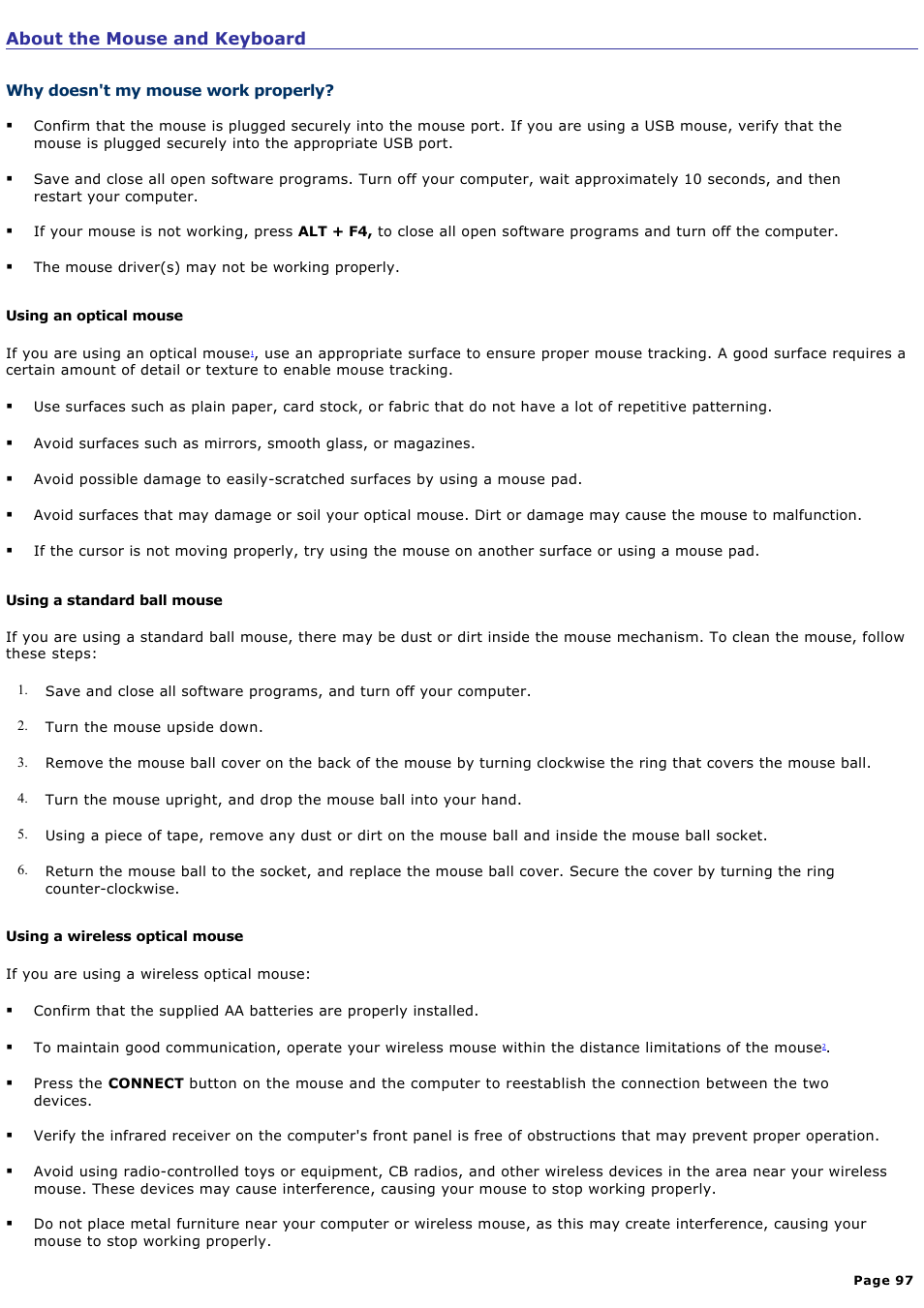 About the mouse and keyboard | Sony VGC-RB64GY User Manual | Page 97 / 131