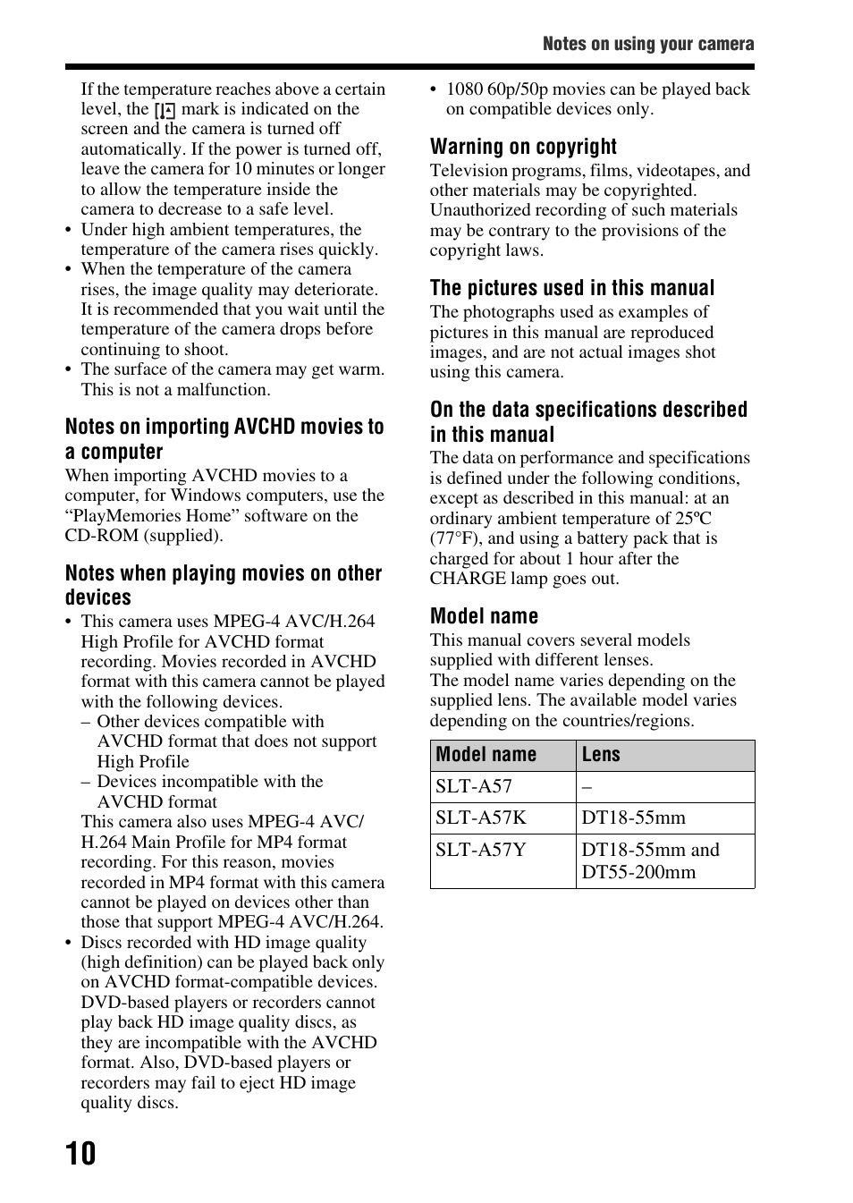 Sony SLT-A57M User Manual | Page 10 / 96