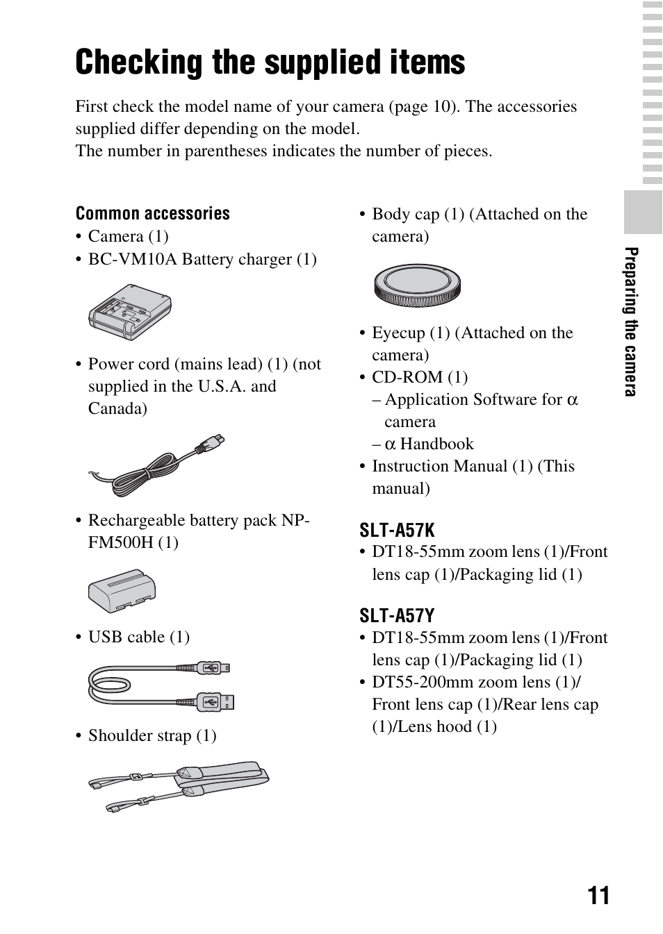 Preparing the camera, Checking the supplied items | Sony SLT-A57M User Manual | Page 11 / 96