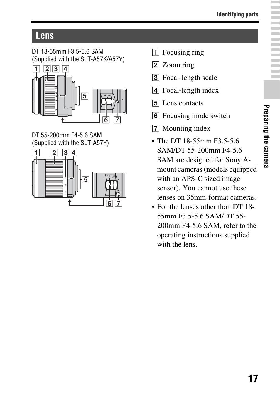 Lens | Sony SLT-A57M User Manual | Page 17 / 96