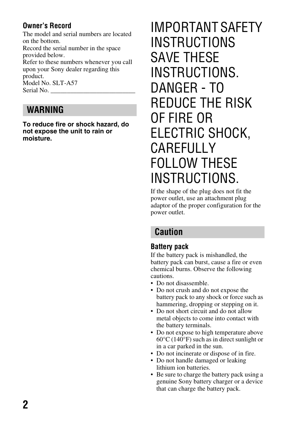 Warning caution | Sony SLT-A57M User Manual | Page 2 / 96