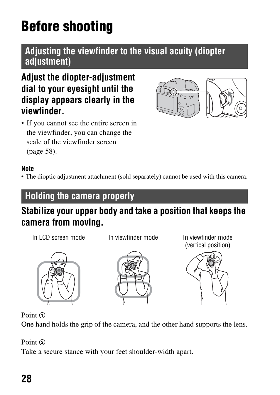 Before shooting, Holding the camera properly, Adjustment) | Sony SLT-A57M User Manual | Page 28 / 96