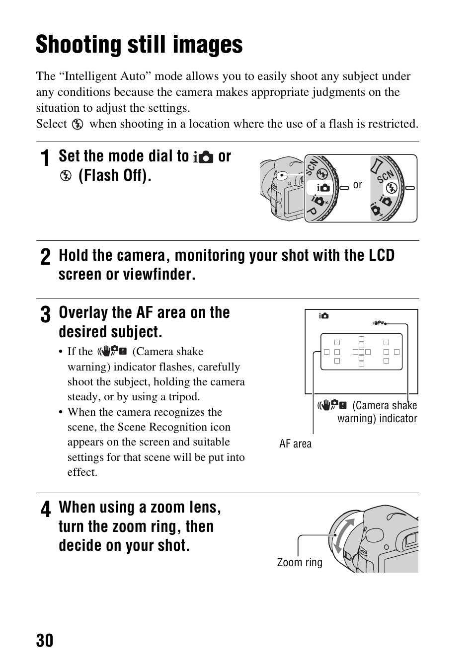 Shooting and viewing images, Shooting still images | Sony SLT-A57M User Manual | Page 30 / 96