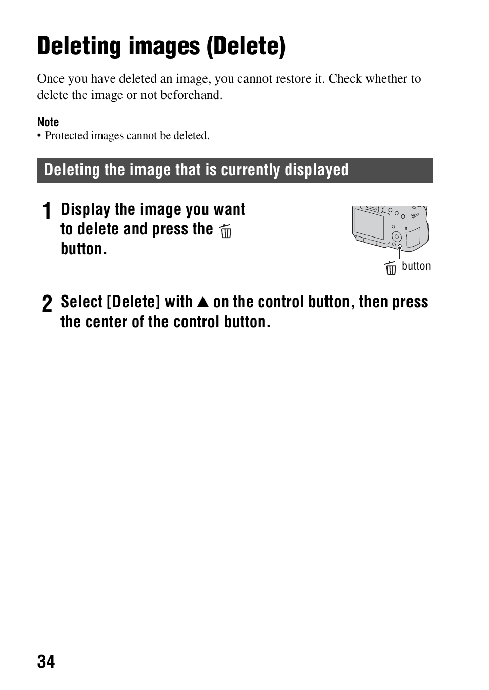 Deleting images (delete) | Sony SLT-A57M User Manual | Page 34 / 96