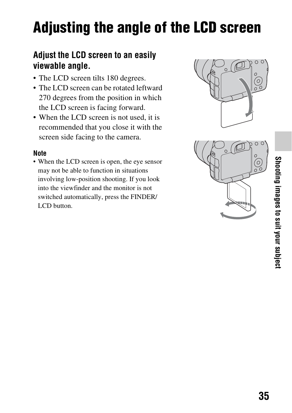 Shooting images to suit your subject, Adjusting the angle of the lcd screen | Sony SLT-A57M User Manual | Page 35 / 96