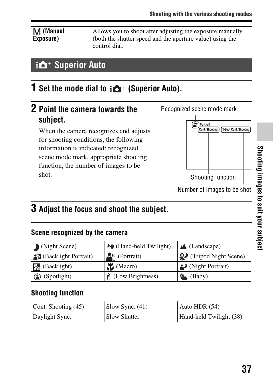 Superior auto, Set the mode dial to (superior auto), Point the camera towards the subject | Adjust the focus and shoot the subject | Sony SLT-A57M User Manual | Page 37 / 96