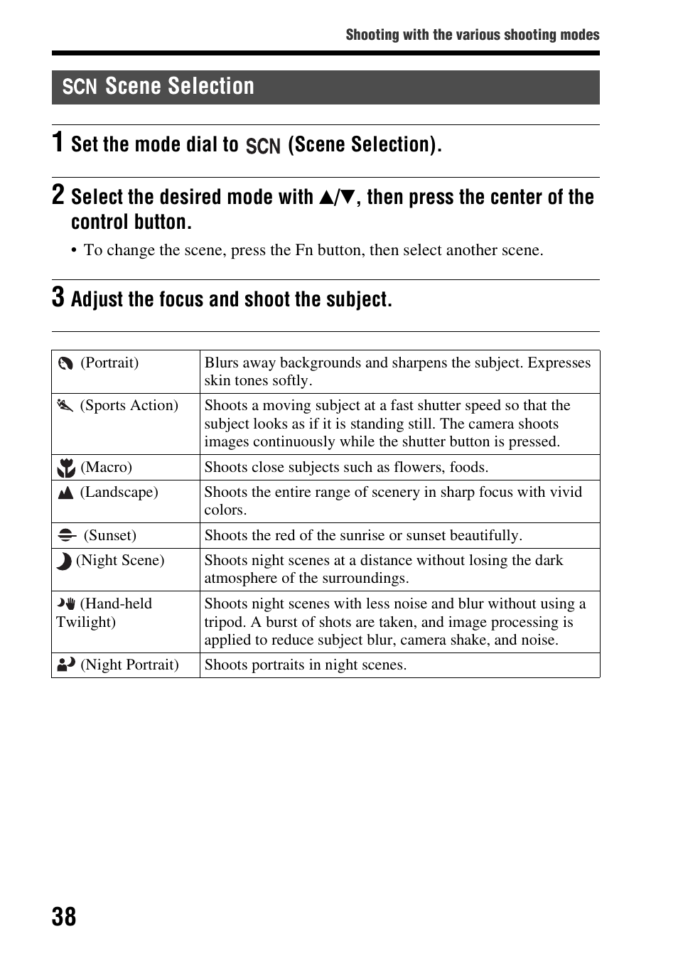Scene selection, Set the mode dial to (scene selection), Adjust the focus and shoot the subject | Sony SLT-A57M User Manual | Page 38 / 96