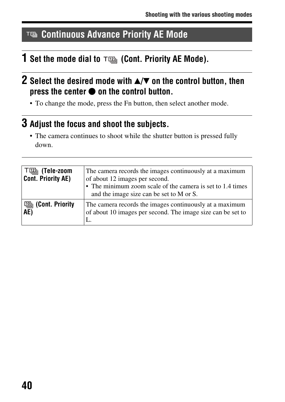 Continuous advance priority ae mode | Sony SLT-A57M User Manual | Page 40 / 96