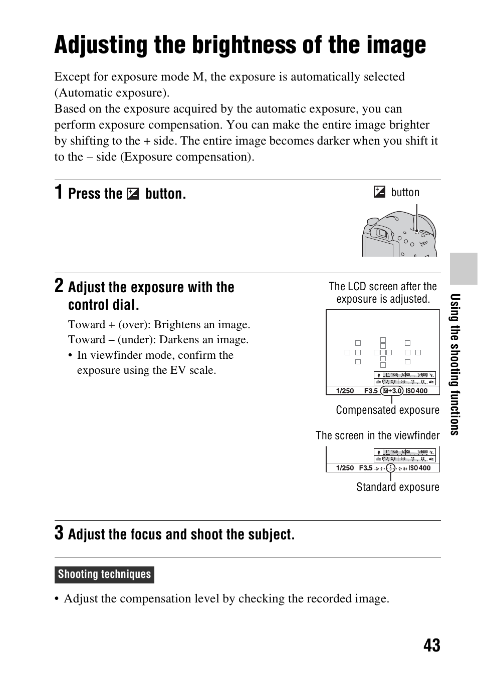 Adjusting the brightness of the image, N (43) | Sony SLT-A57M User Manual | Page 43 / 96