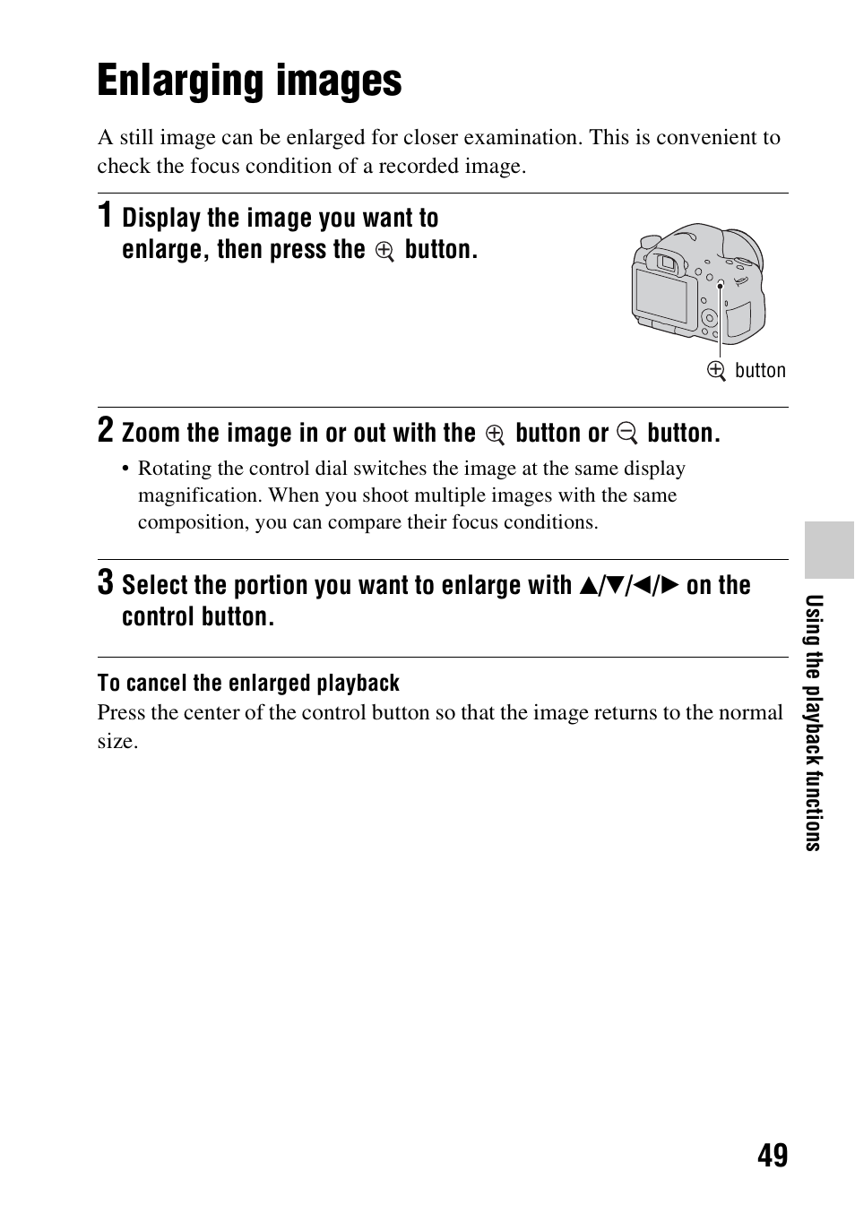 Using the playback functions, Enlarging images | Sony SLT-A57M User Manual | Page 49 / 96