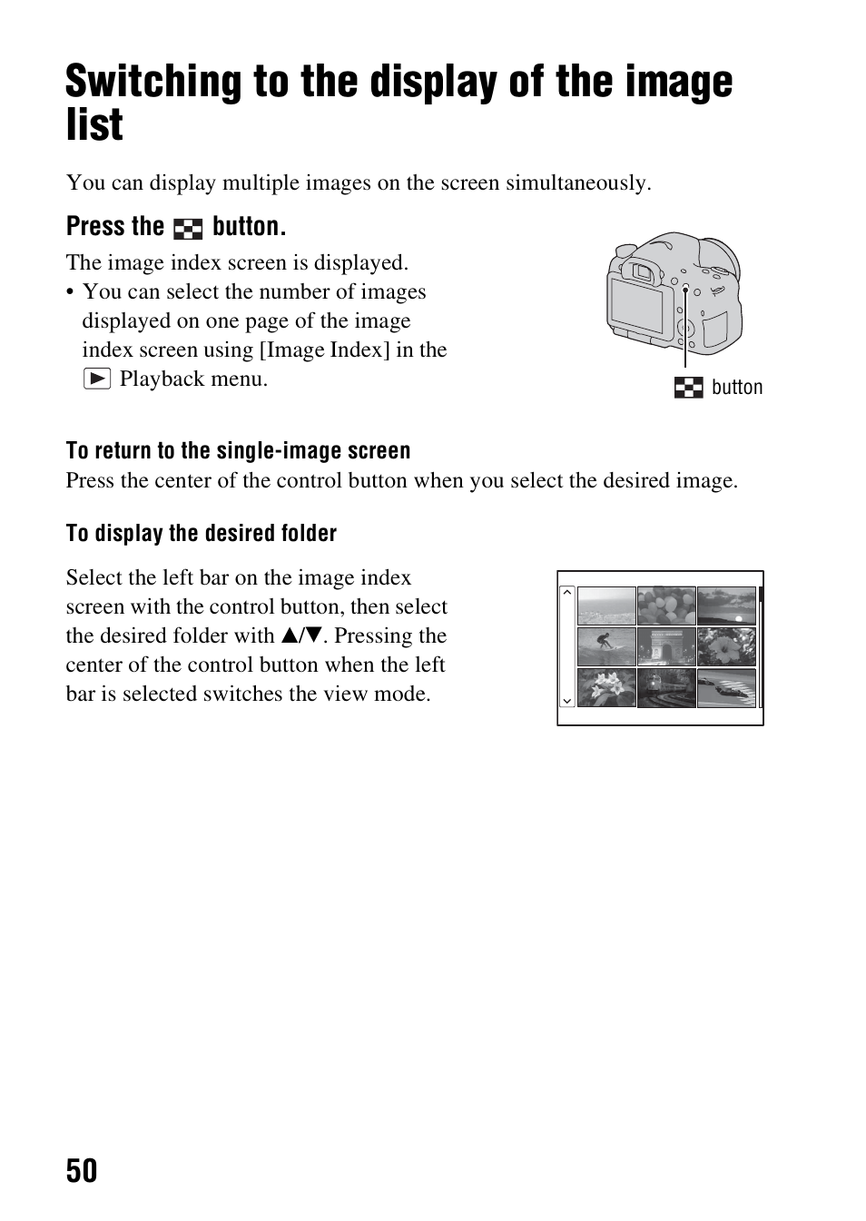 Switching to the display of the image list | Sony SLT-A57M User Manual | Page 50 / 96