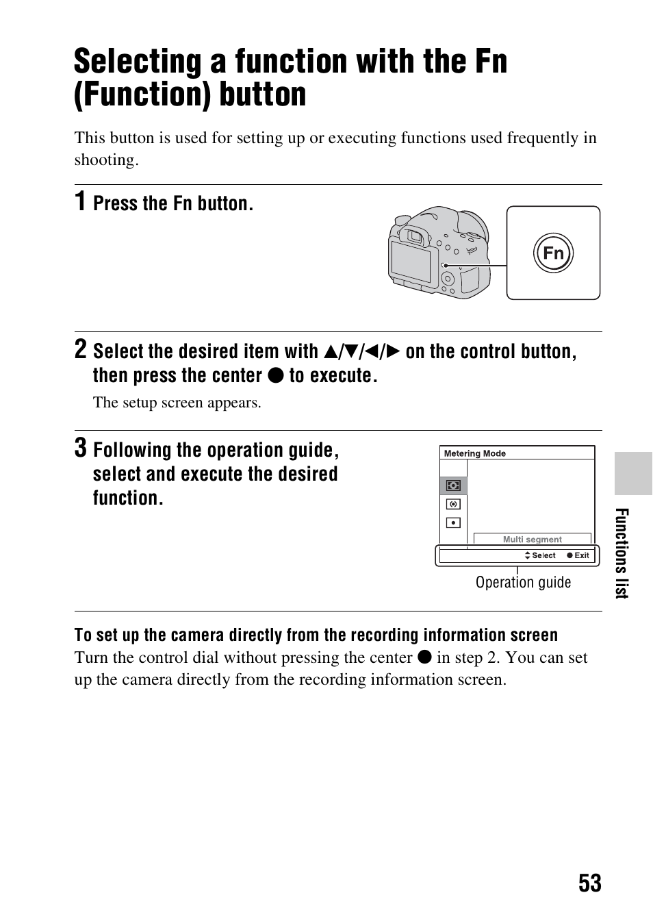 Selecting a function with the fn (function) button, N (53 | Sony SLT-A57M User Manual | Page 53 / 96