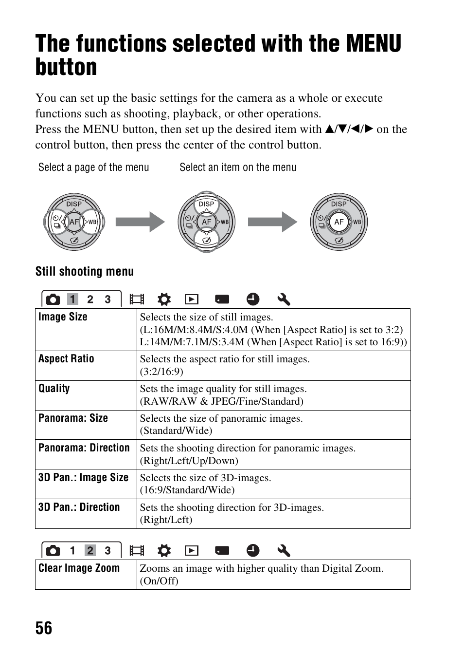 The functions selected with the menu button, On (56) | Sony SLT-A57M User Manual | Page 56 / 96