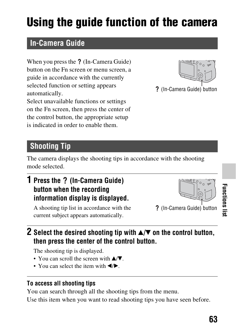 Using the guide function of the camera, In-camera guide, Shooting tip | In-camera guide shooting tip | Sony SLT-A57M User Manual | Page 63 / 96