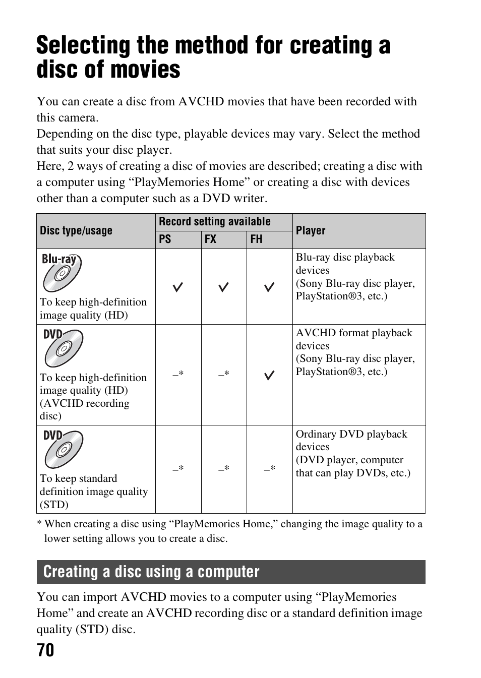 Selecting the method for creating a disc of movies, Creating a disc using a computer | Sony SLT-A57M User Manual | Page 70 / 96