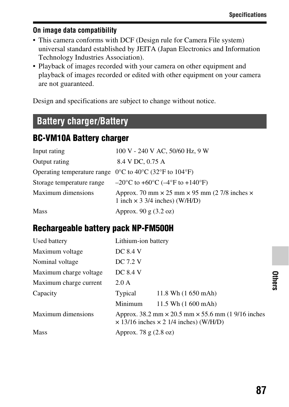 Battery charger/battery, Bc-vm10a battery charger, Rechargeable battery pack np-fm500h | Sony SLT-A57M User Manual | Page 87 / 96