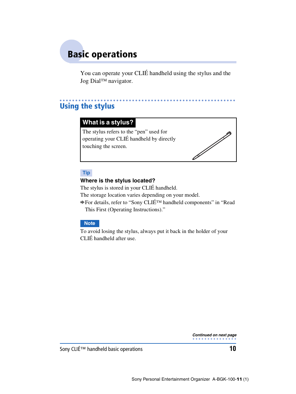 Basic operations, Using the stylus | Sony PEG-SJ22 User Manual | Page 10 / 169