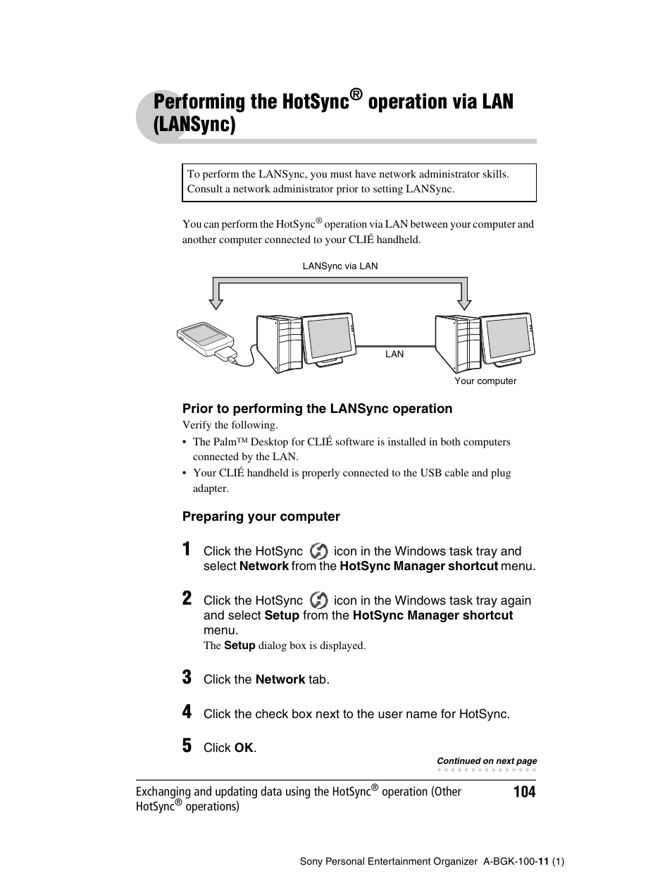 Performing the hotsync, Operation, Via lan (lansync) | Operation via, Lan (lansync), Operation via lan (lansync) | Sony PEG-SJ22 User Manual | Page 104 / 169