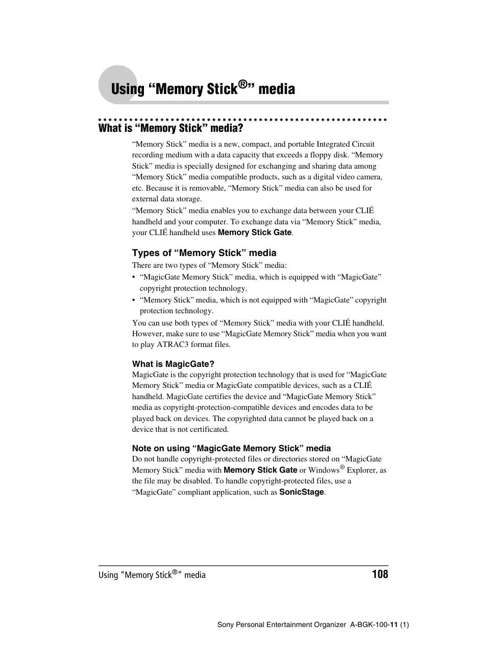 Using “memory stick®” media, What is “memory stick” media, Using “memory stick | Media | Sony PEG-SJ22 User Manual | Page 108 / 169