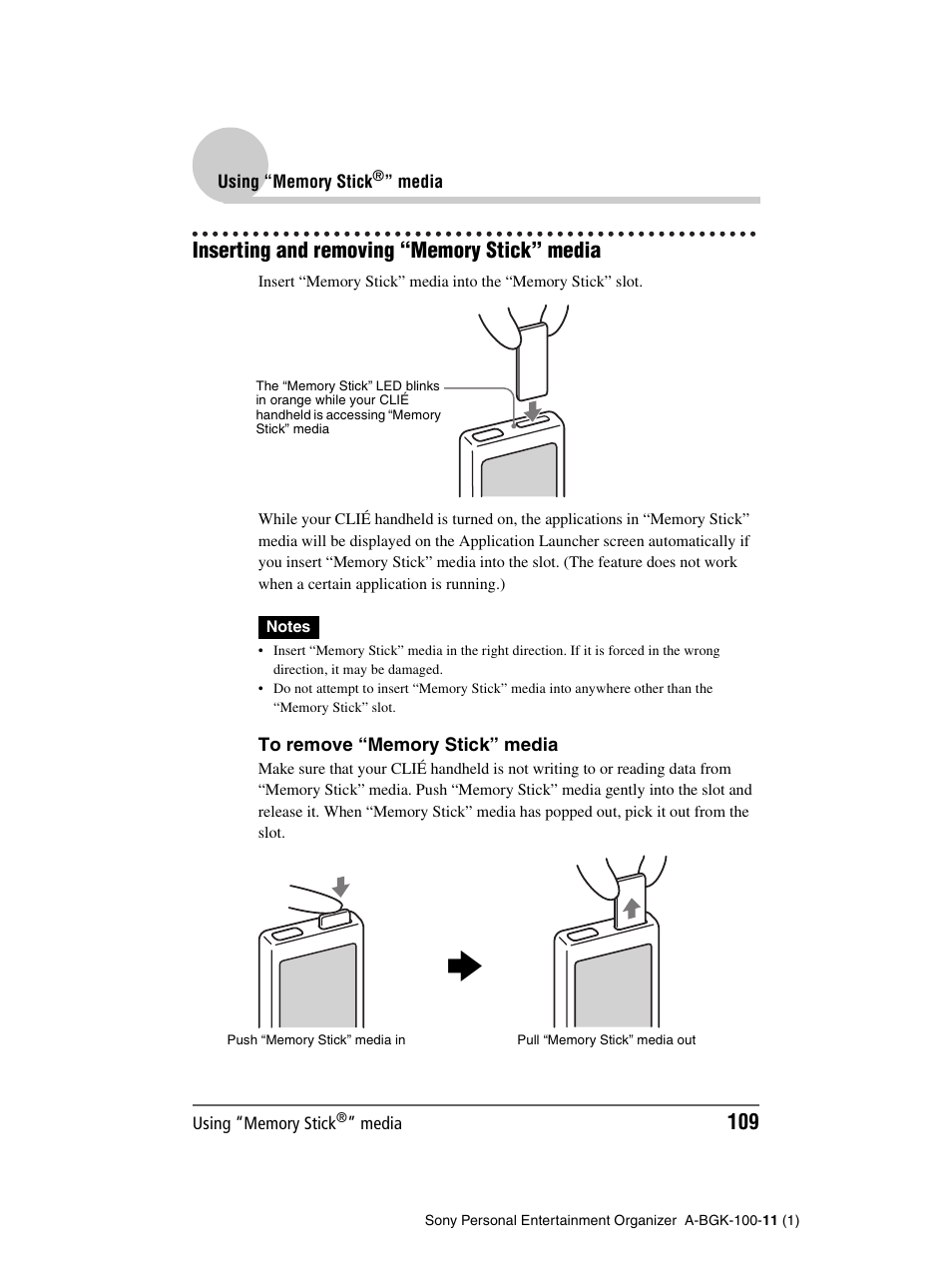 Inserting and removing “memory stick” media | Sony PEG-SJ22 User Manual | Page 109 / 169