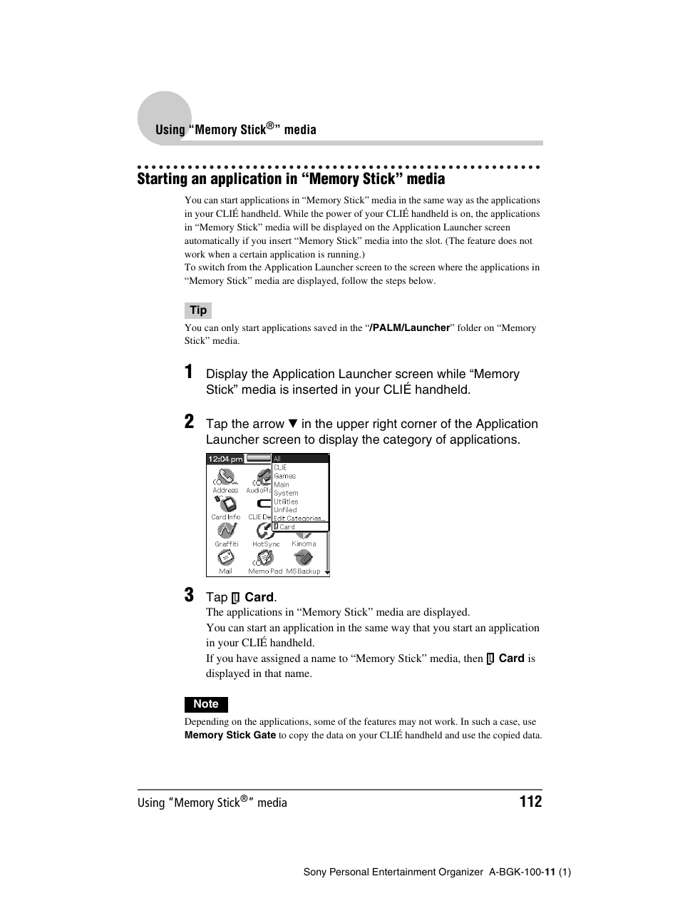 Starting an application in “memory stick” media | Sony PEG-SJ22 User Manual | Page 112 / 169