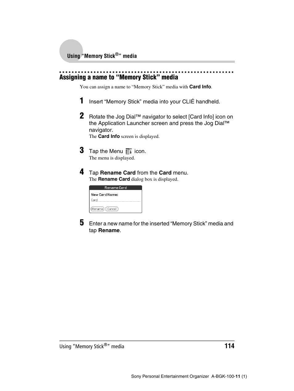 Assigning a name to “memory stick” media | Sony PEG-SJ22 User Manual | Page 114 / 169