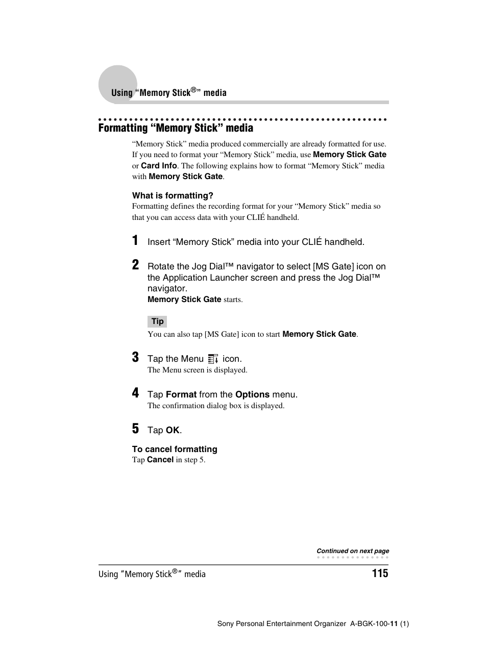 Formatting “memory stick” media | Sony PEG-SJ22 User Manual | Page 115 / 169