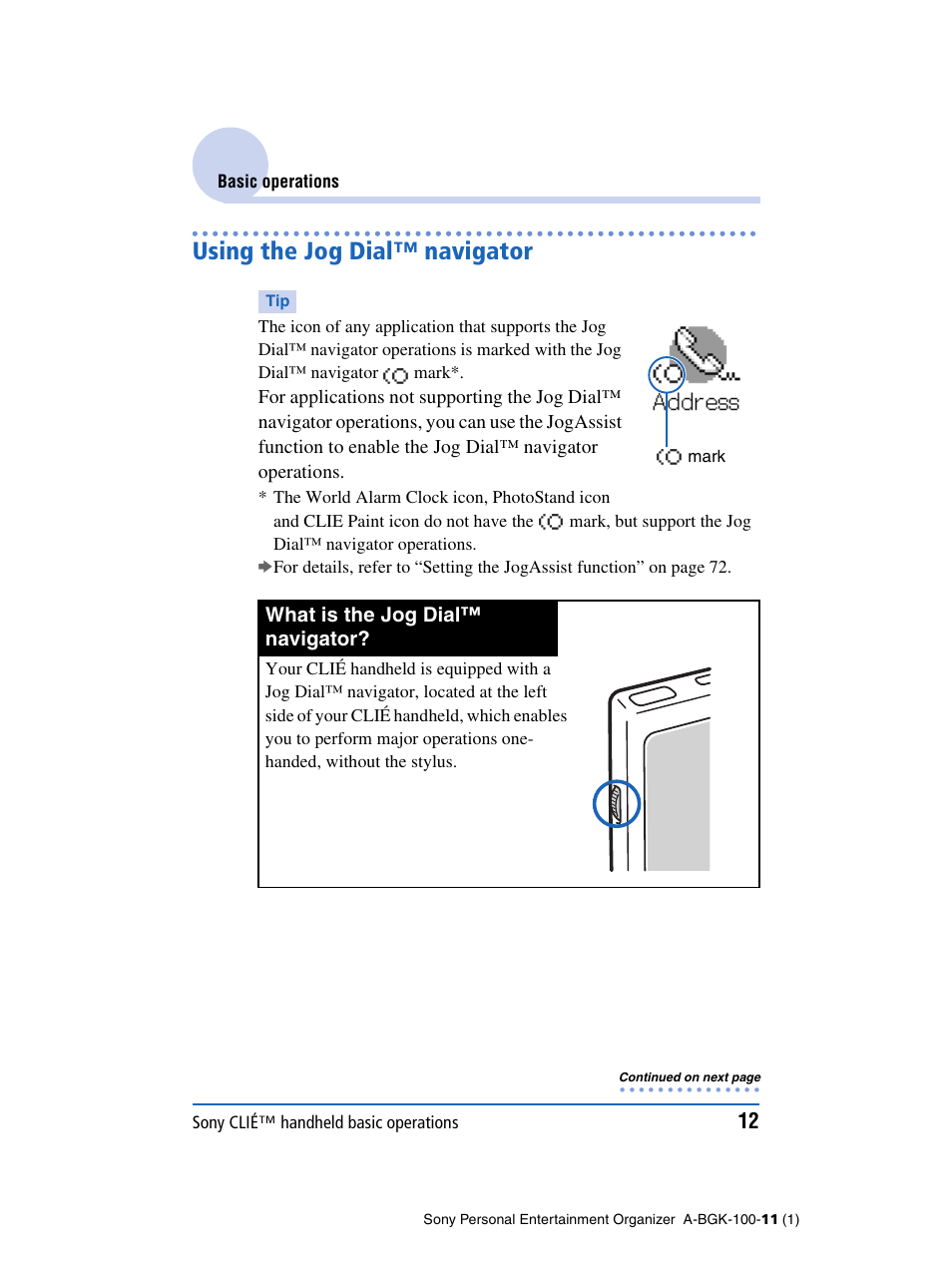 Using the jog dial™ navigator | Sony PEG-SJ22 User Manual | Page 12 / 169