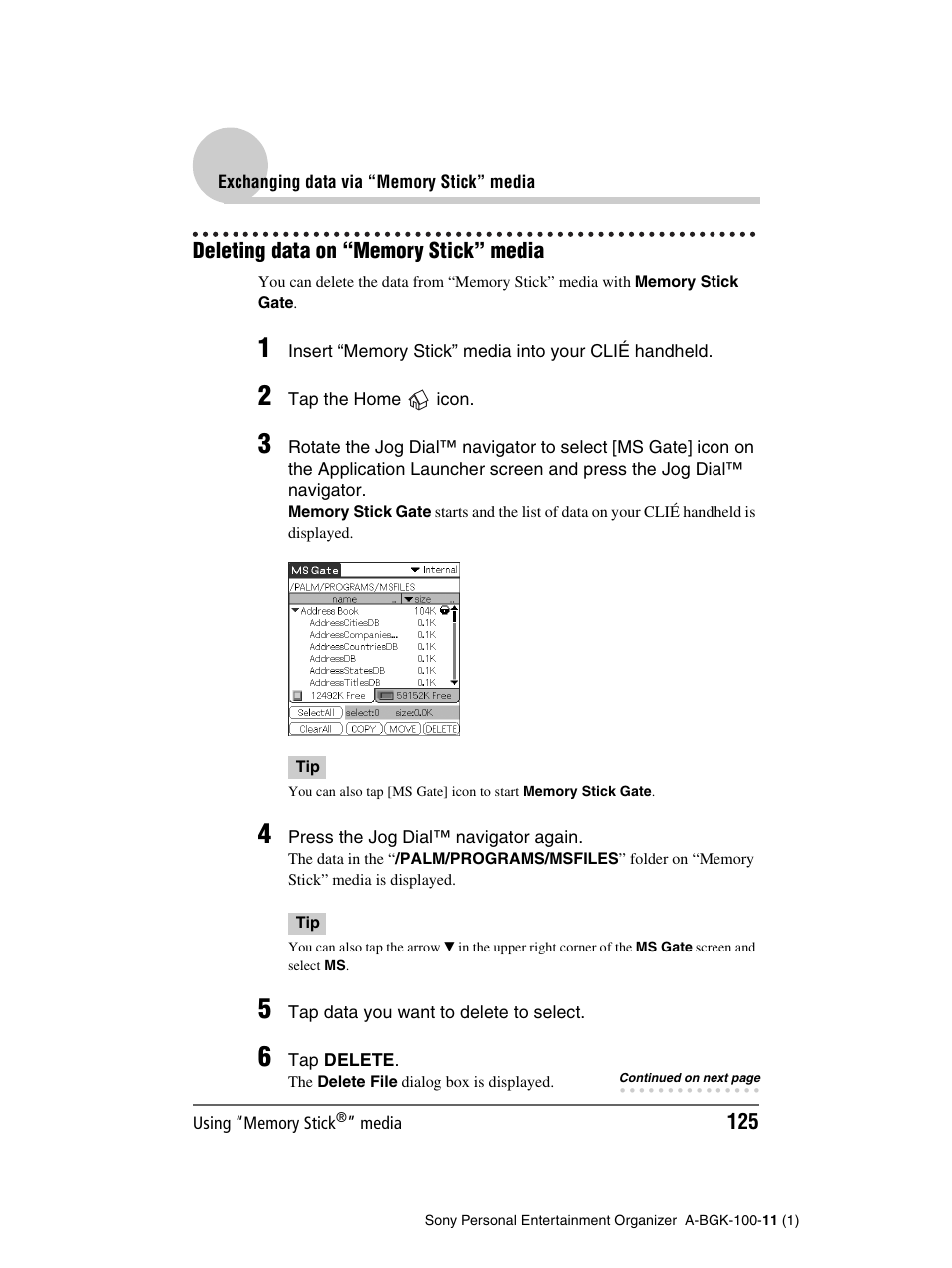 Deleting data on “memory stick” media | Sony PEG-SJ22 User Manual | Page 125 / 169