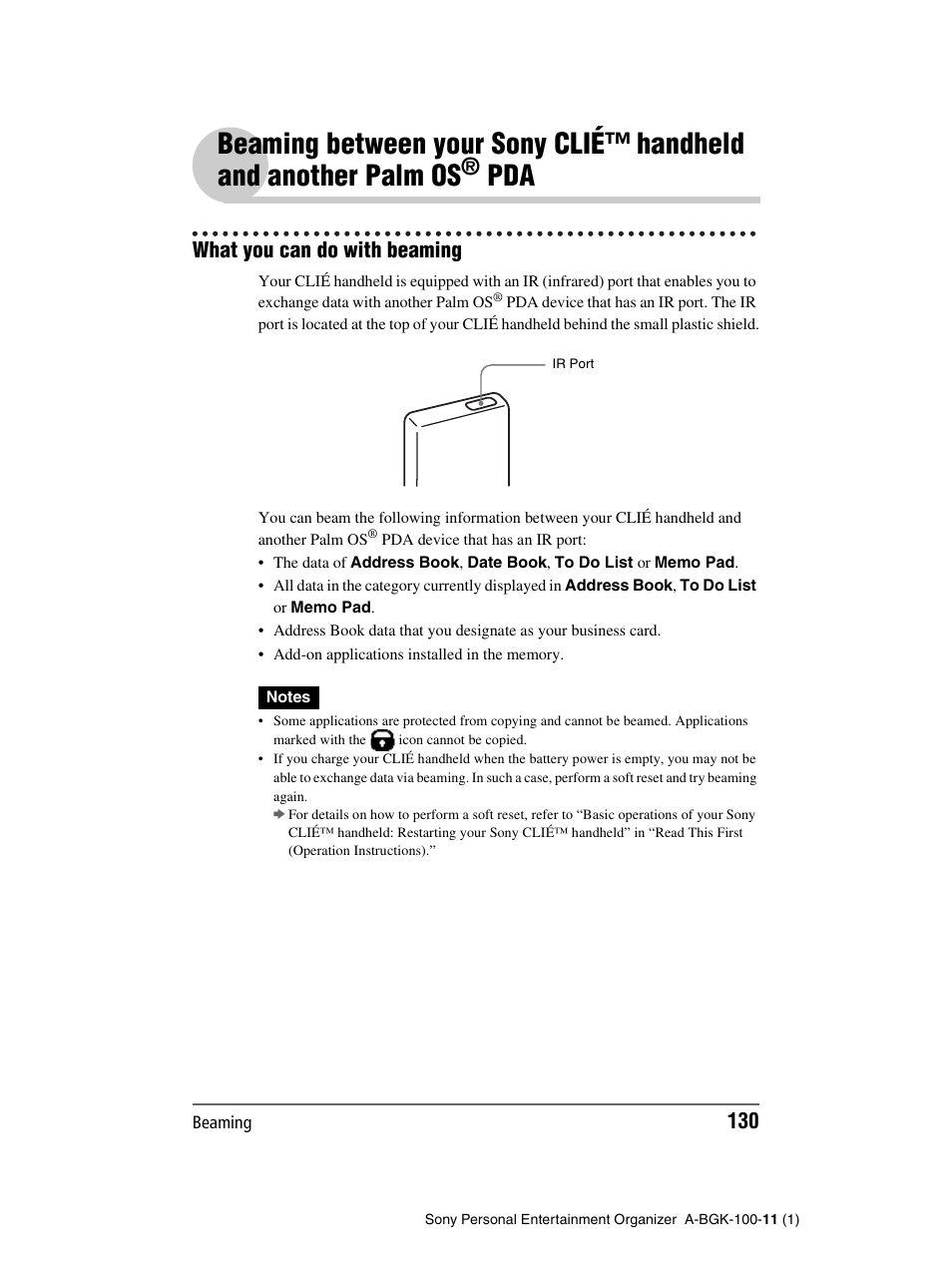 What you can do with beaming, Beaming between your sony clié™ handheld and, Another palm os | Sony PEG-SJ22 User Manual | Page 130 / 169