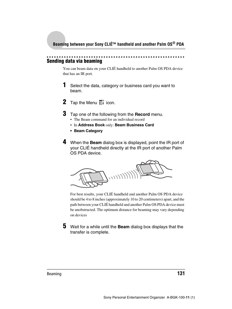 Sending data via beaming | Sony PEG-SJ22 User Manual | Page 131 / 169