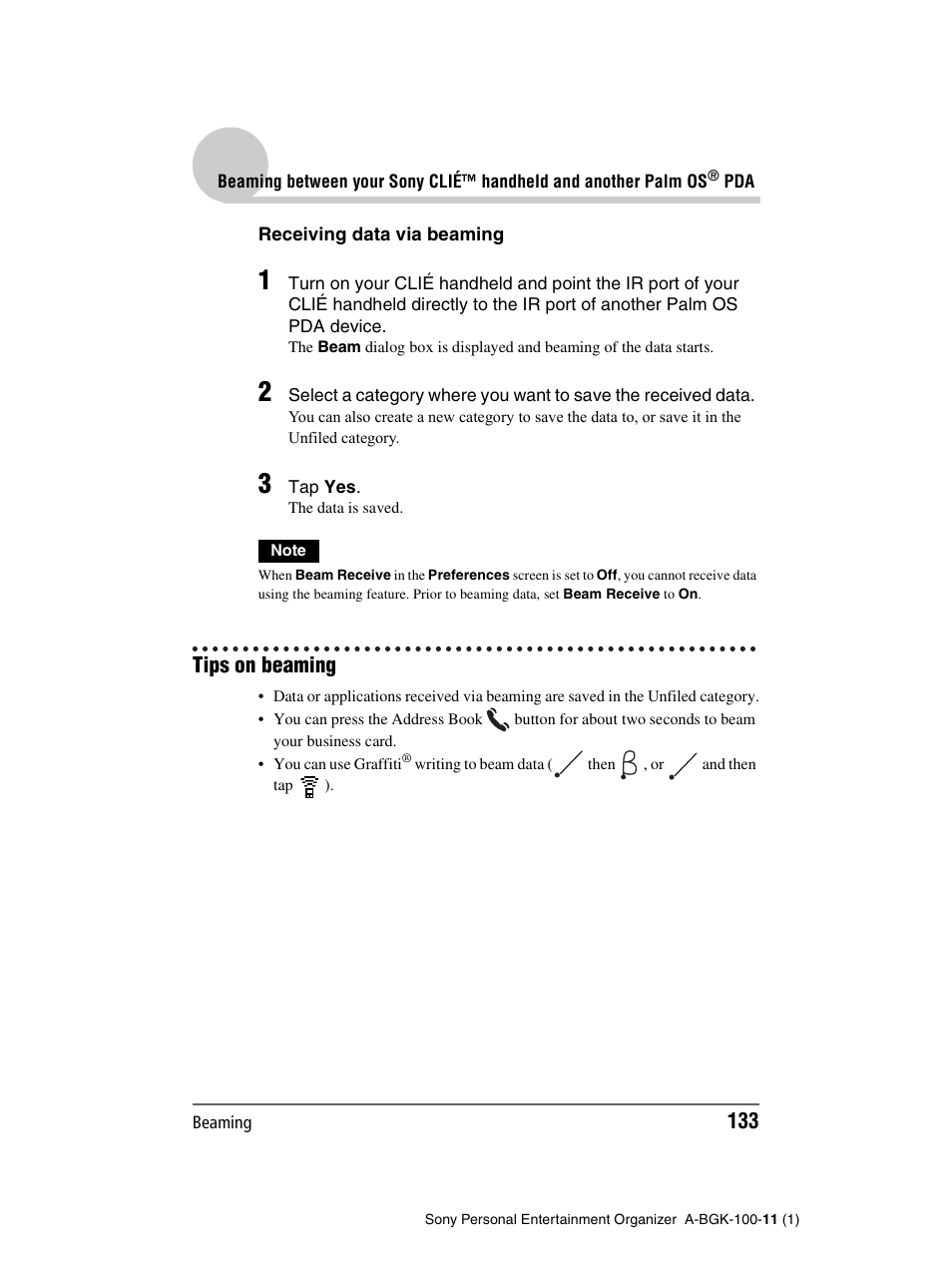 Tips on beaming | Sony PEG-SJ22 User Manual | Page 133 / 169