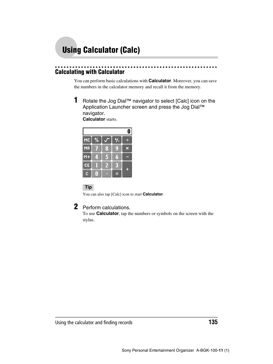 Using calculator (calc), Calculating with calculator | Sony PEG-SJ22 User Manual | Page 135 / 169