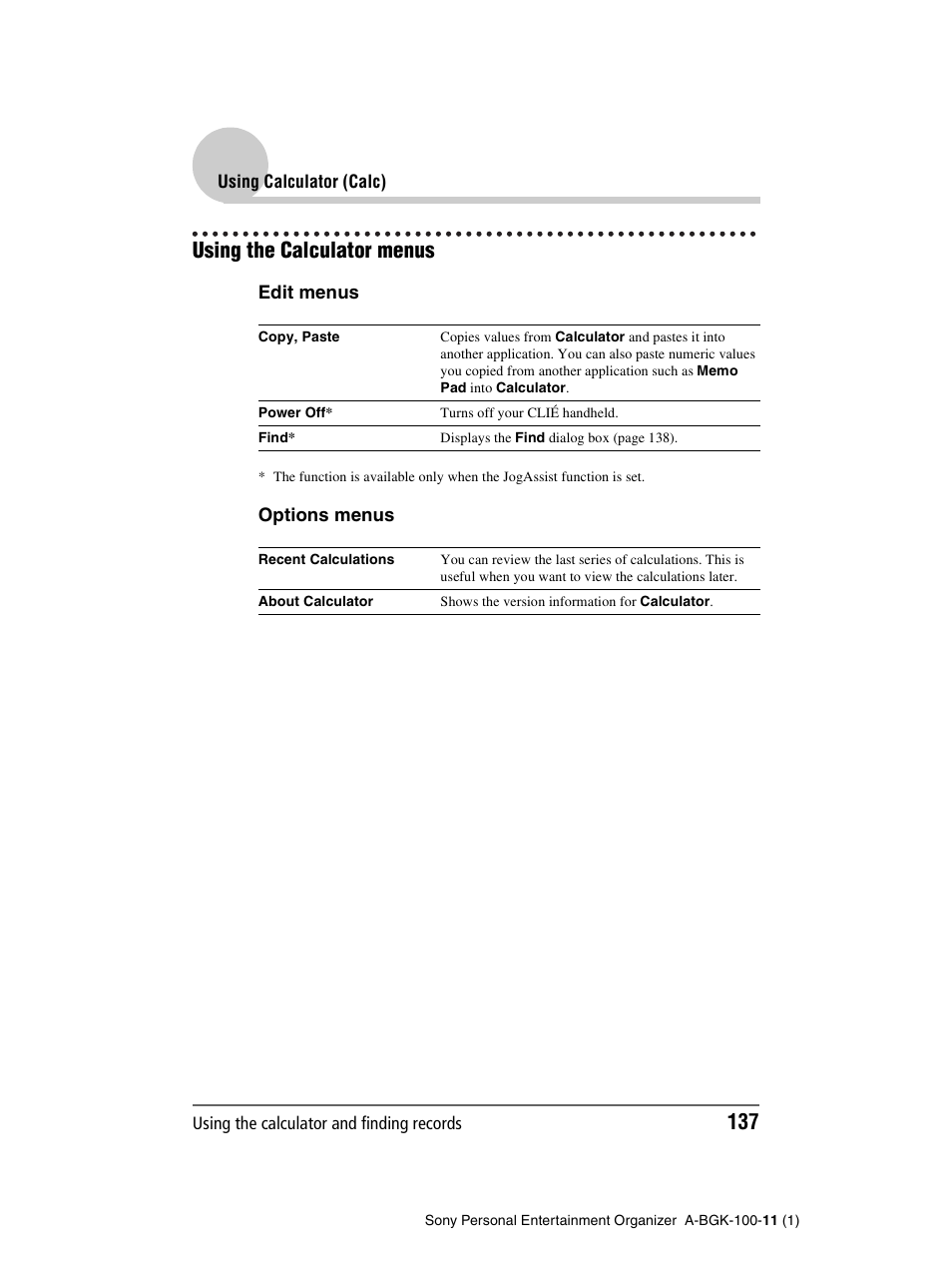 Using the calculator menus | Sony PEG-SJ22 User Manual | Page 137 / 169