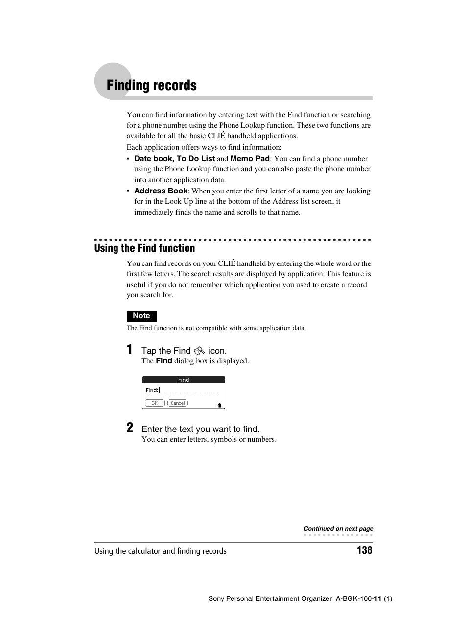 Finding records, Using the find function | Sony PEG-SJ22 User Manual | Page 138 / 169