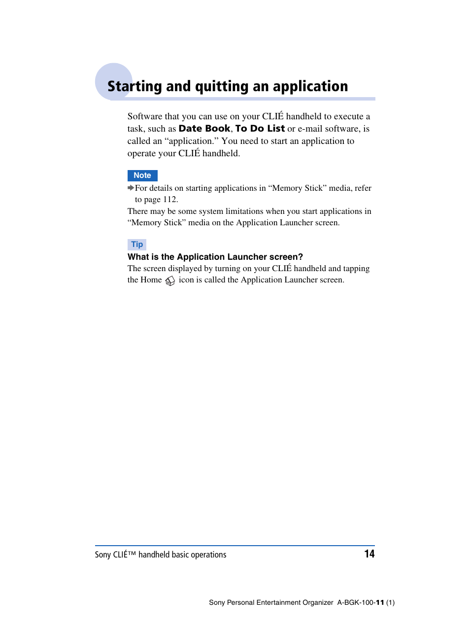 Starting and quitting an application | Sony PEG-SJ22 User Manual | Page 14 / 169