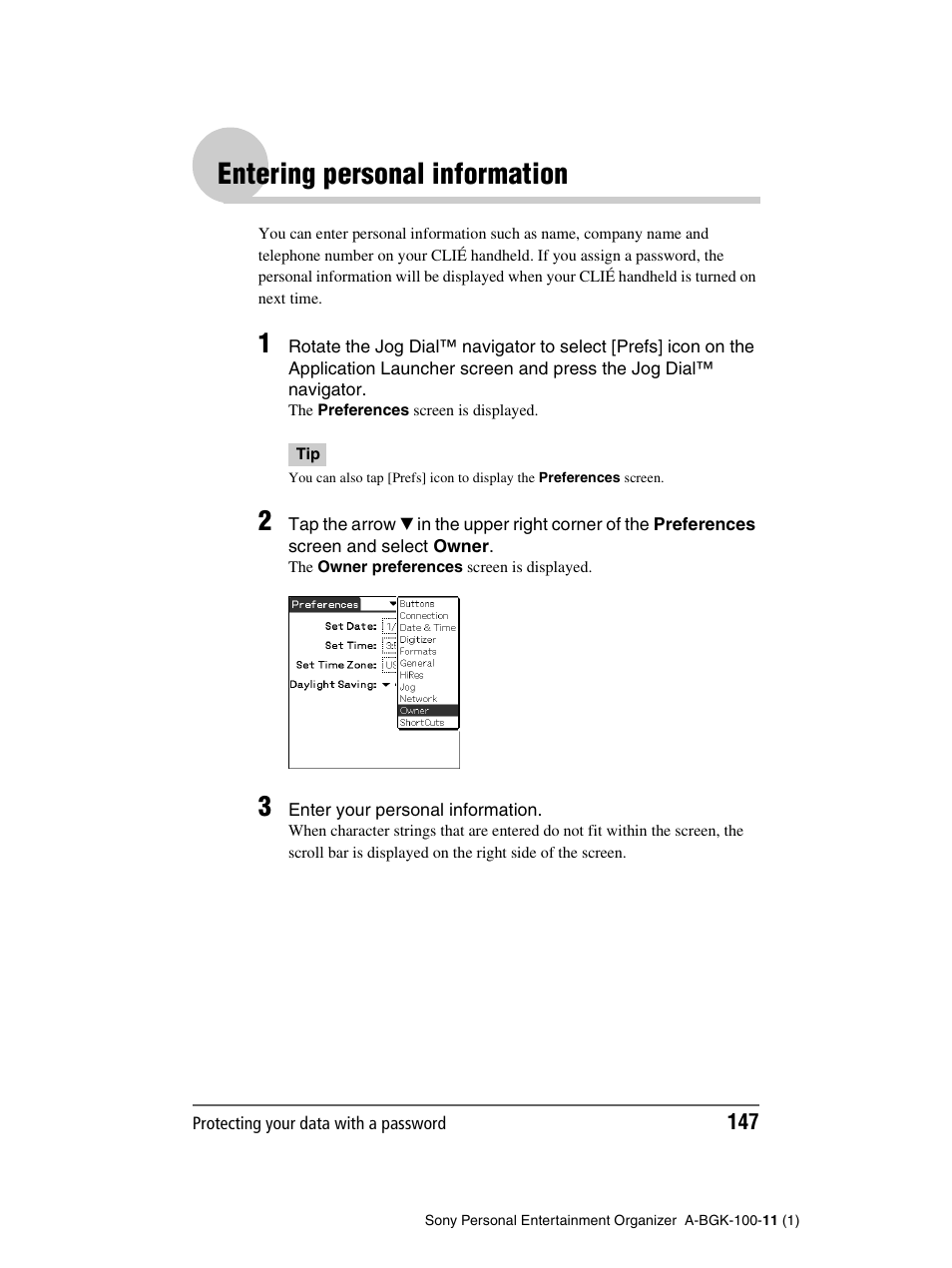 Entering personal information | Sony PEG-SJ22 User Manual | Page 147 / 169