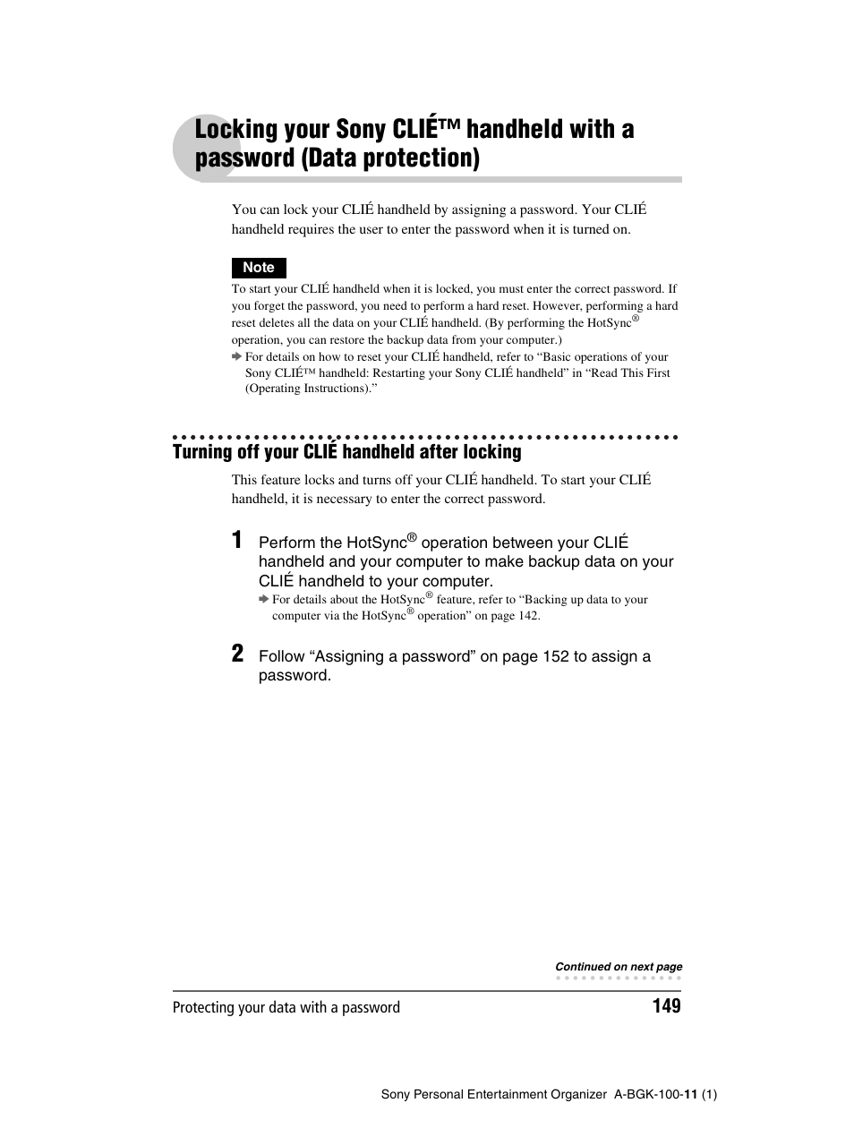 Turning off your clié handheld after locking, Locking your sony clié™ handheld with a password | Sony PEG-SJ22 User Manual | Page 149 / 169