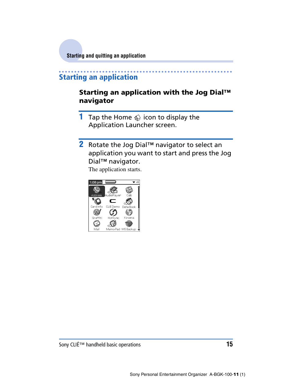 Starting an application | Sony PEG-SJ22 User Manual | Page 15 / 169