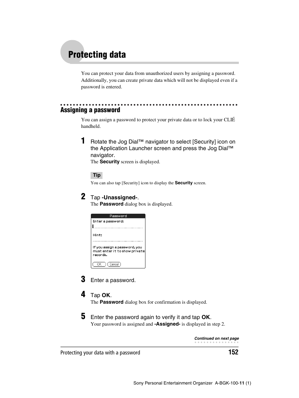 Protecting data, Assigning a password | Sony PEG-SJ22 User Manual | Page 152 / 169