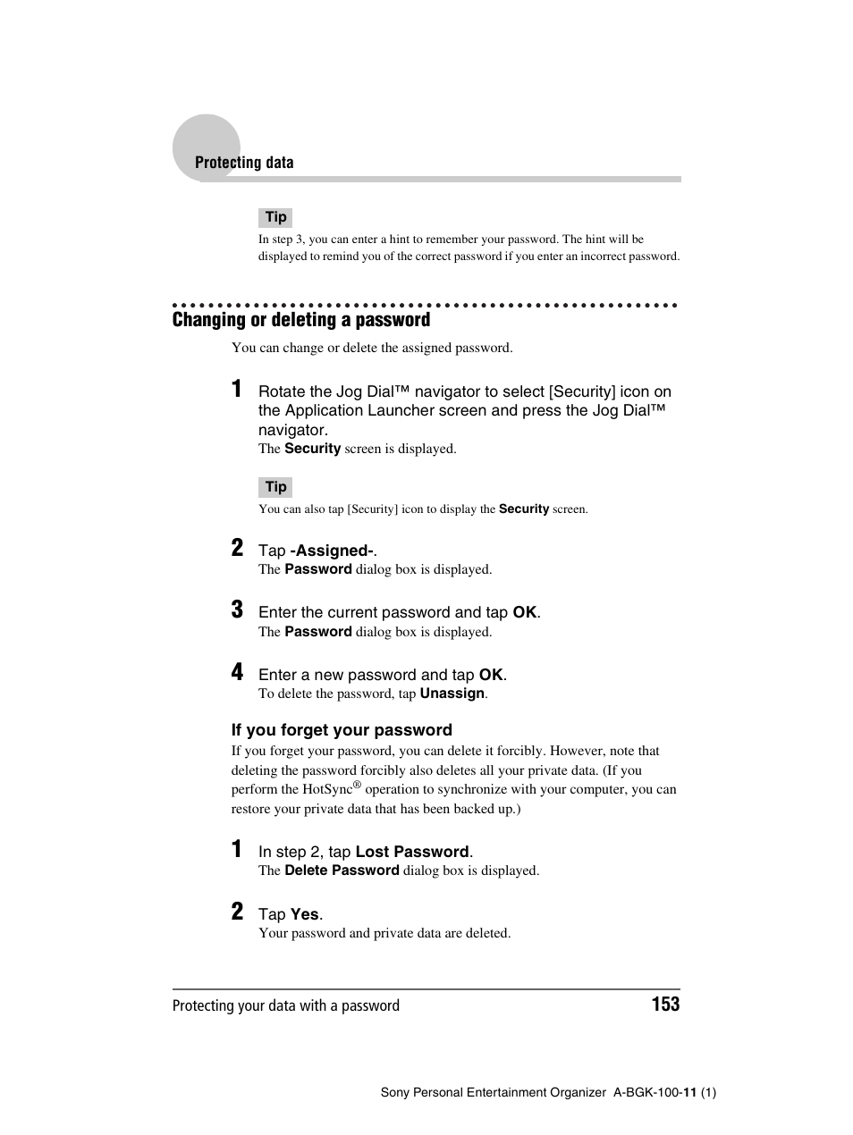 Changing or deleting a password | Sony PEG-SJ22 User Manual | Page 153 / 169