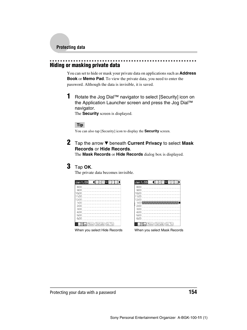 Hiding or masking private data | Sony PEG-SJ22 User Manual | Page 154 / 169